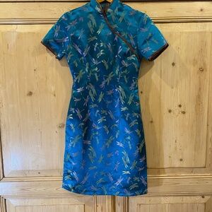 Orchids Chinese Dress Turquoise Dragonfly Size Medium